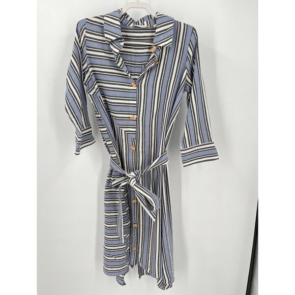 Soft Surroundings Stripe Standout Dress Wood Button Asymmetrical Hem Size M - Picture 2 of 11